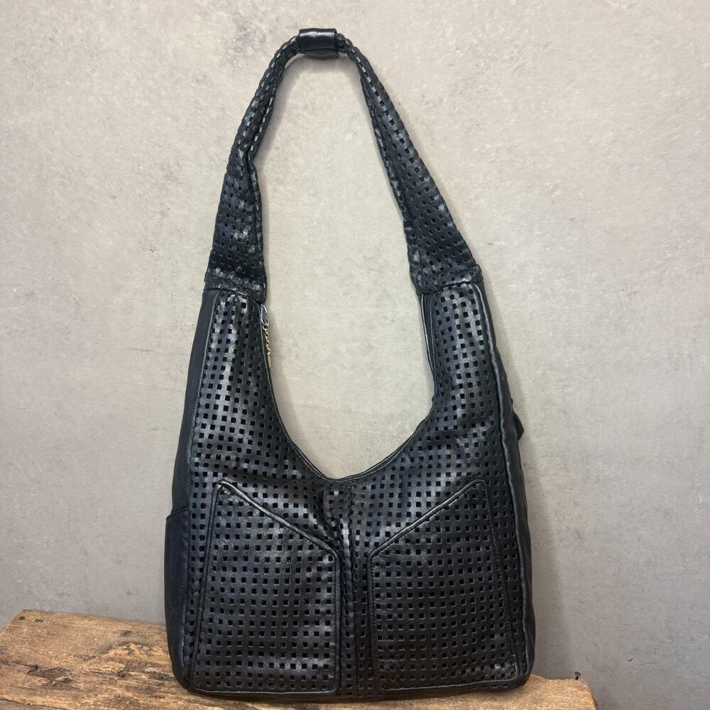 Brio! Black Perforated Leather Slouchy Hobo Bag Vintage 80s